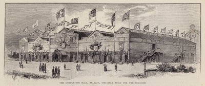 Salão de Convenções, Belfast, construído para a Convenção Unionista do Ulster de 1892, realizada para demonstrar a oposição dos Unionistas do Ulster ao Irish Home Rule (litho) de English School