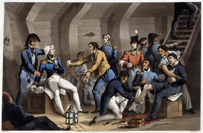 Cookpit em "Historical, military and naval anecdotes and incidents that arrived at the arms of Great Britain and their allies, ending in Waterloo" de Edward Orme. Ill. por Fry, Sutherland, Clark, Dubourg, W.Heart, JA, Atkinson... Ed. 1819, Londres. de English School