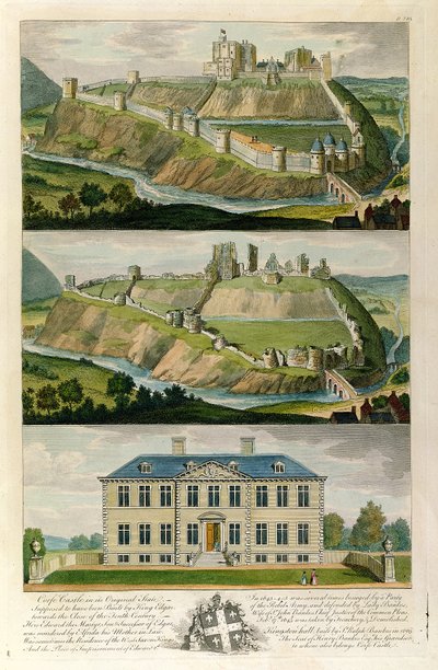 Corfe Castle em seu estado original, como uma ruína, e Kingston Hall, sede do Henry Bankes de English School