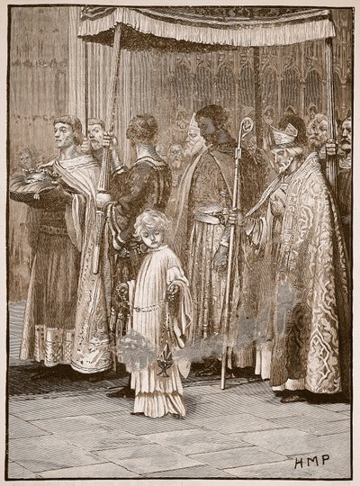 Coroação de Richard na Abadia de Westminster: a procissão ao longo do corredor, ilustração da história ilustrada de Cassells da Inglaterra (foto sépia) de English School