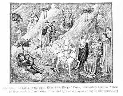 Coroação do Grande Khan (Kublai Khan) (1214-94) Primeiro Rei da Tartária, da Flor das Histoires de Terre dOrient, compilada por Hayton (d.1271), ilustração da Science and Literature in t de English School