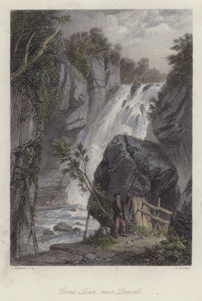 Corra Linn, perto de Lanark, Escócia (gravura colorida) de English School