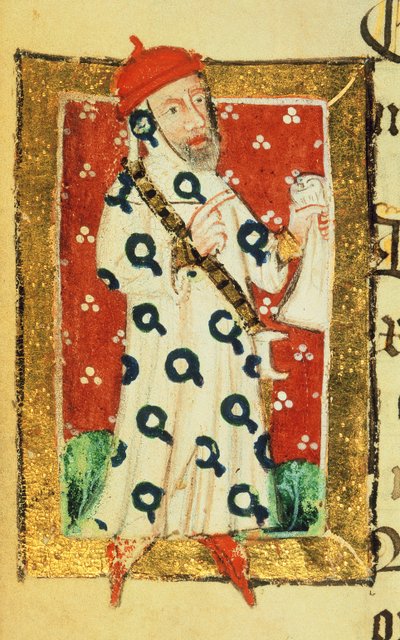Cott Nero D VII f.105v Nigel Lorning, Cavaleiro da Jarreteira, do Livro dos Benfeitores da Abadia de St. Alban