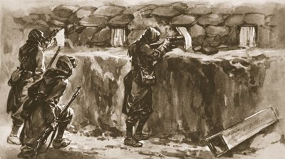 Cortinas de janelas de casas de campo como biombos de trincheira: um expediente francês para desconcertar o atirador inimigo, de The Illustrated War News, 1915 de English School