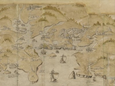 Algodão Augustus I. i. 38 Mapa da costa entre Fowey e Salcombe, incluindo Plymouth. Parte de um mapa panorâmico da costa desde Land