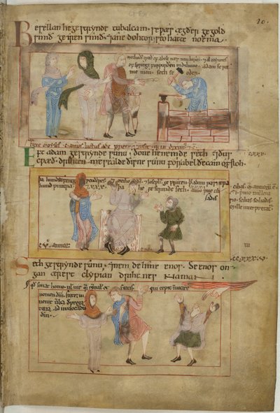 Cotton Claudius B IV fol.10 Lamech e suas duas esposas e seu filho, Tubalcain, o ferreiro, no trabalho (velino) de English School