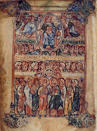 Cotton Galba A. XVIII, f.2v Cristo em Majestade rodeado de alfaias da Paixão, e coros de anjos e profetas, ilustração do 