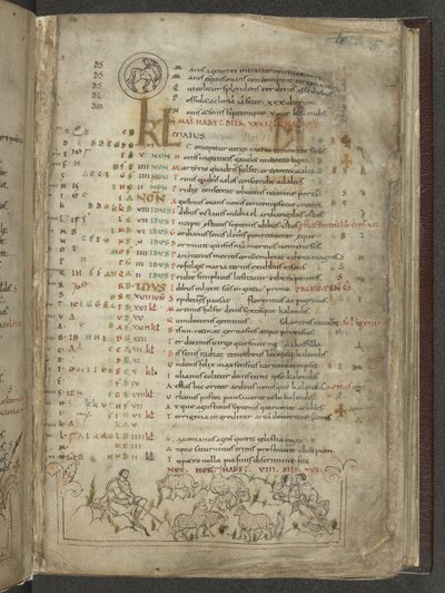 Algodão Julius A. VI, f.5, página do calendário de Maio: Pastores e rebanho (vellum) de English School