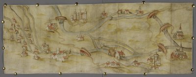 Algodão MS Augustus I i 65 Mapa do rio Trento e seus afluentes entre Nottingham e Newark, c.1540 (caneta e tinta com aguarela sobre papel) de English School