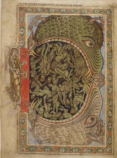 Algodão Nero C IV f.39 As mandíbulas do Inferno presas por um anjo, do Saltério de Henrique de Blois, c.1121-61 (velino) de English School