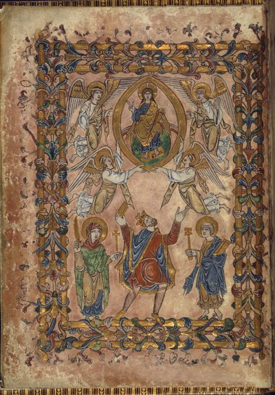 Algodão Vespasiano A. VIII, f.2v Edgar oferece carta a Cristo, ilustração de 