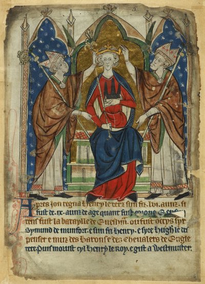 Algodão Vitellius A. XIII, f.6, Coroação de Henrique III, dos "Decretos dos Reis da Inglaterra Anglo-Saxónica e Normanda" c.1280-1300 (vellum) de English School