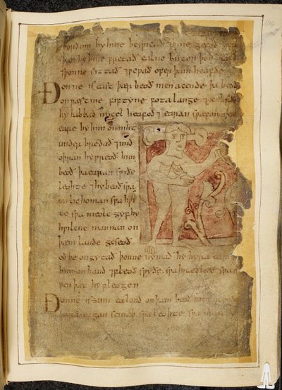 Cotton Vitellius A. XV f.104r, A panotii, ou seja, um homem com orelhas projetadas em hastes, segurando um objeto que parece um arco, ilustração de Beowulf, do 