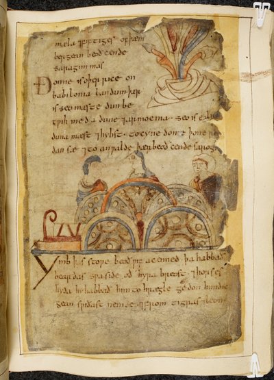 Cotton Vitellius A. XV f.105, uma videira dourada; três pessoas conversando, representando uma nação gentil que governa o Mar Vermelho, onde as melhores pérolas são encontradas, ilustração de Beowulf, do 