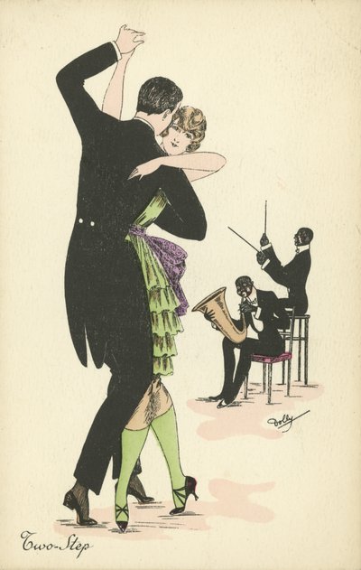 Casal dançando o Two Step (cor litho) de English School