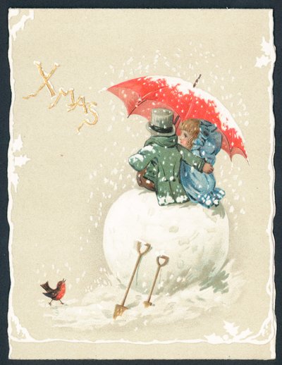 Par, sentando, gigante, snowball, natal, cartão de English School