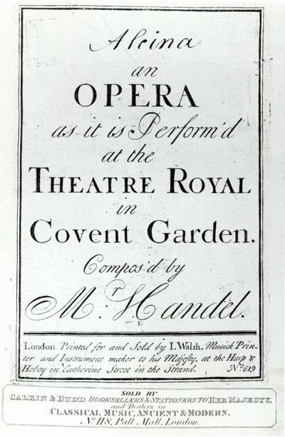 Capa de Partituras de Alcina, uma ópera de Handel, publicada em 1735 de English School