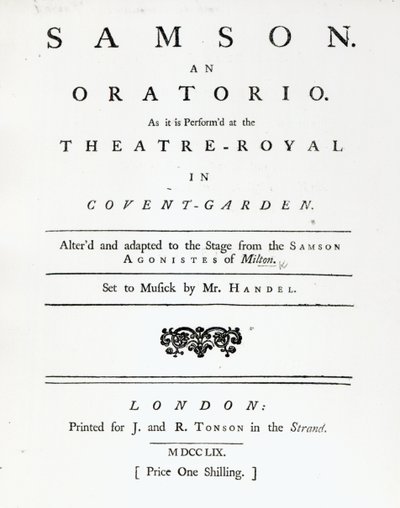 Capa de Partituras para Samson, um Oratorio by Handel, publicado em 1759 de English School