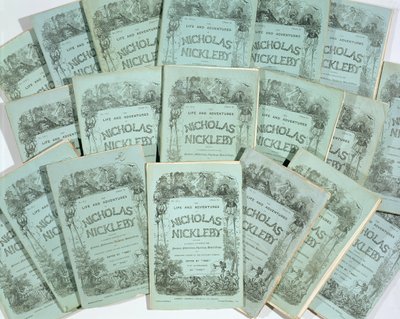 Capas das edições mensais da vida e aventuras de Nicholas Nickleby por Charles Dickens (1812-1870), publicado em 1839 (ver 136075) de English School
