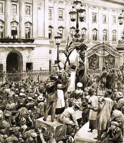 Multidões do lado de fora do Palácio de Buckingham animam o Rei George V no Dia do Armistício de English School