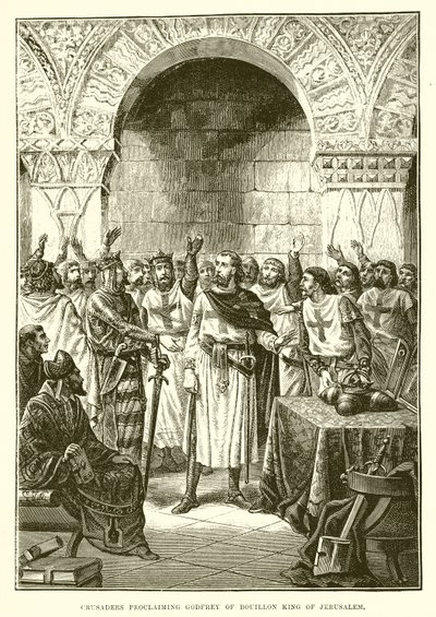 Cruzados proclamando Godfrey de Bouillon rei de Jerusalém de English School