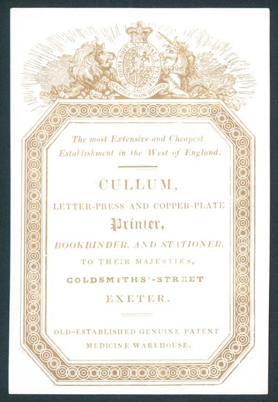 Cullum, Letter-Press e Copper-Plate Printer, cartão comercial de English School