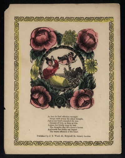 Cupido e mulher em um jardim cercado de flores, poema de amor (gravura colorida) de English School