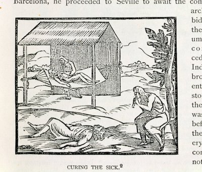 Cura do Doente, Nativos de Hispaniola, de "A História Narrativa e Crítica da América", editado por Justin Winsor, Londres, 1886 de English School