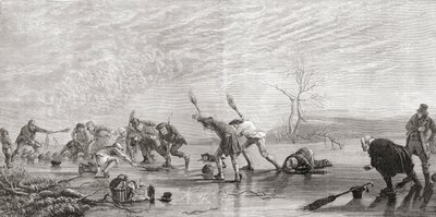 Curling no século 19, de "Fotos escocesas desenhadas com caneta e lápis", de Samuel G. Green, publicado em 1886 (lito) de English School