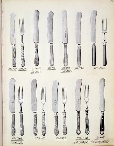 Desenhos de talheres, de um catálogo de produtos domésticos e acessórios, c.1890-1910 de English School