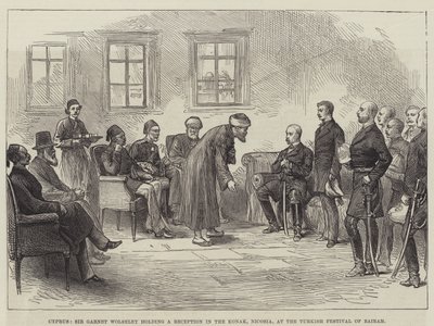 Chipre, Sir Garnet Wolseley realizando uma Recepção no Konak, Nicósia, no Festival Turco de Bairam (gravura) de English School