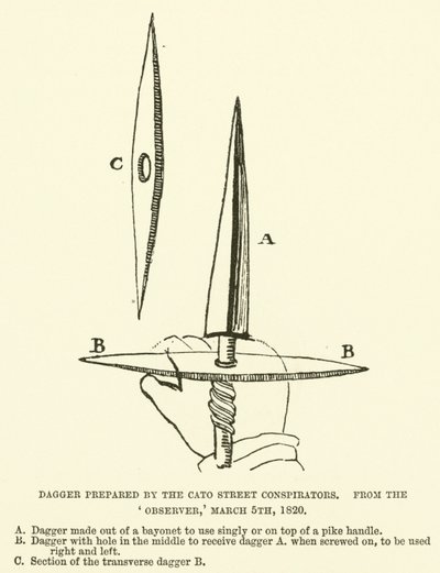 Adaga preparada pelos Conspiradores da Rua Cato, do Observador, 5 de Março de 1820 (gravura) de English School