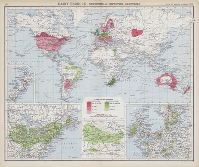Produtos lácteos, países exportadores e importadores (litografia a cores) de English School