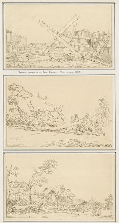 Danos causados pela Grande Tempestade em Roehampton, 1780 (tinta no papel) de English School