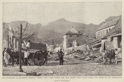 Danos na Rempart Street, Port Louis, causados pelo ciclone Mauritius Cyclone (litho) de 1892 de English School