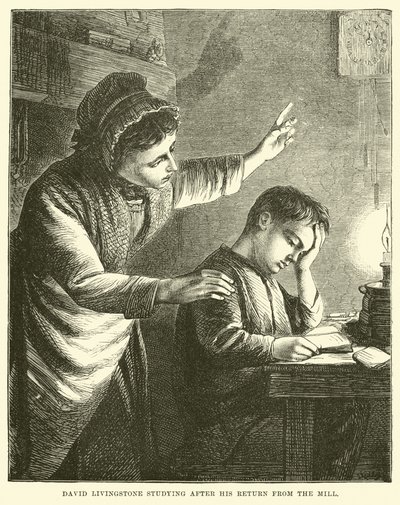 David Livingstone estudando depois de seu retorno do moinho de English School