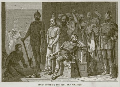 Davi lamentando por Saul e Jônatas, ilustração da Bíblia da Criança, c.1880 de English School