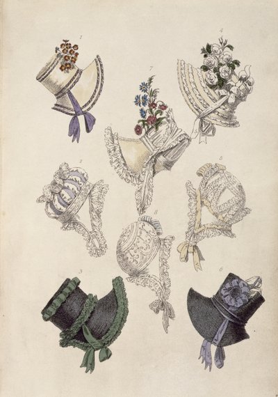 Chapéus de dia, gravura de moda de Ackermanns Repository of Arts de English School