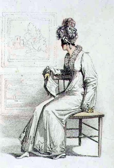 Vestido de dia, placa de moda do Repositório de Artes de Ackermann (gravura colorida) de English School