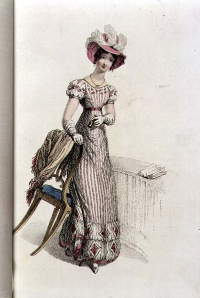 Vestido de dia, placa de moda do Repositório de Artes de Ackermann (gravura colorida) de English School