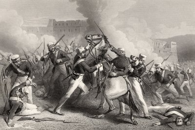 Morte do brigadeiro Adrian Hope no ataque ao Forte de Roodmow, em 15 de abril de 1858, de "A história do motim indiano" publicado em 1858 de English School