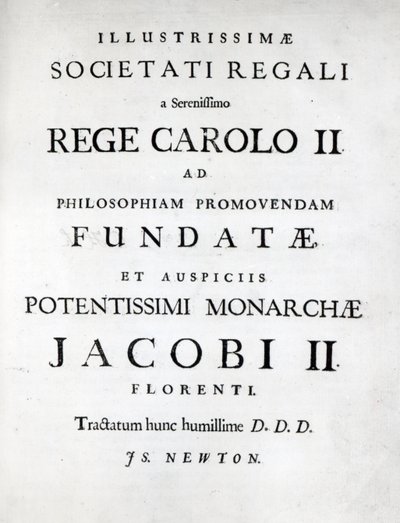 Dedicação à Sociedade Real da Primeira Edição de Newtons Philosophiae Naturalis Principia Mathematica, 1687 de English School