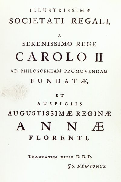 Dedicação à Sociedade Real da Segunda Edição de Newtons Philosophiae Naturalis Principia Mathematica. 1713 de English School