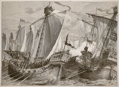 Derrota da frota francesa no Canal da Mancha, ilustração de Cassells Illustrated History of England (foto em sépia) de English School