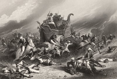 Derrota do exército Peishwas antes de Jhansi pelo General Rose em 1º de abril de 1858, de "A História do Motim Indiano", publicada em 1858 de English School