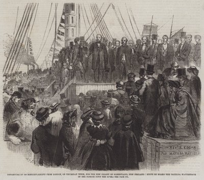 Partida de 800 Não-Conformista de Londres, na quinta-feira semana, para a Nova Colónia de Albertland, Nova Zelândia, Cena a bordo do Matilda Wattenbach na sua passagem rio abaixo (gravura) de English School