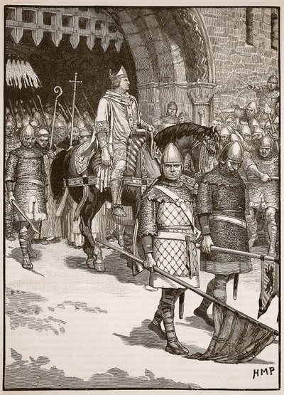 Partida do Bispo Odo de Rochester, ilustração da História Ilustrada de Cassells da Inglaterra (foto sépia) de English School