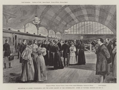 Partida da Rainha Wilhelmina e da Rainha Regente da Holanda, Cena na Estação Victoria no dia 9 de Maio (litho) de English School