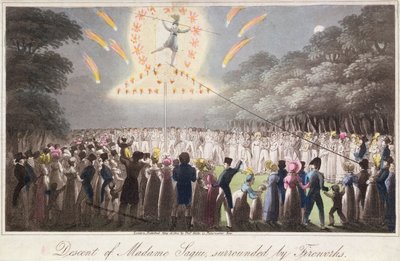 Descendência de Madame Saqui, rodeada de fogos de artifício, publicado por Thomas Kelly (fl.1820-55) Londres de English School