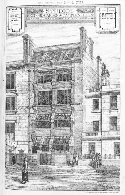 Projeto para estúdios em Bedford Gardens, Campden Hill, Londres, de &39;The Building News&39;, 4 de maio de 1883 de English School